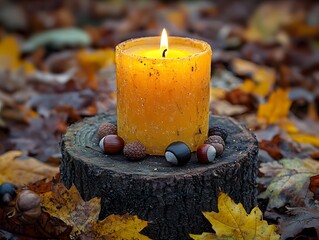 Wall Mural - autumn candle on a rustic tree stump surrounded by leaves and acorns