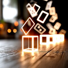 Poster - Neon Cubes Levitating Above a Wooden Surface with Bokeh Background, Creative Abstract Design