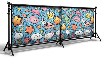 A backdrop with a cartoon design is supported by a frame. The backdrop features stars, clouds, and characters.