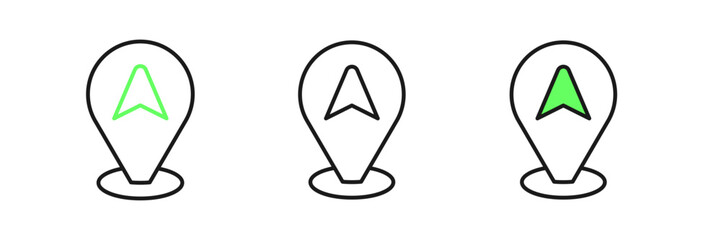 Set line Map pointer with taxi car icon isolated on white background. Location symbol. Vector