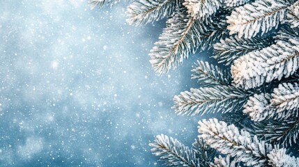 Wall Mural - Frosty pine branches creating christmas background on blue with snowfall