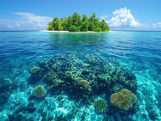 Wall Mural - a vibrant coral reef surrounding a lush tropical island in crystal clear waters