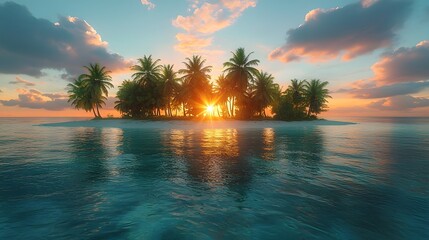 Wall Mural - vibrant tropical island at sunrise with palm trees and crystal clear waters