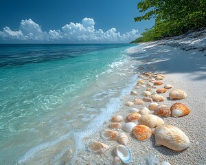 Wall Mural - a pristine beach on a tropical island with clear calm waves and colorful seashells along the shoreli