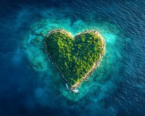 Wall Mural - heart shaped tropical island surrounded by azure waters