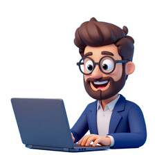 Cartoon Coder with Laptop & Code Overlay - Transparent Background. Tech, AI, Programming.