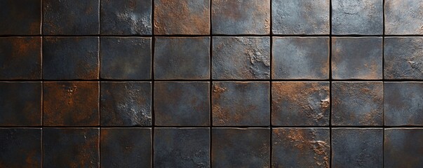 Fototapete - Dark metallic copper and black square tile texture background banner