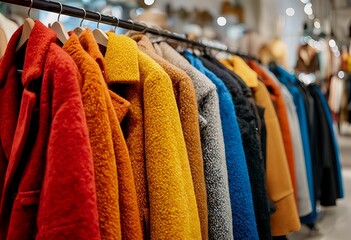 Wall Mural - a colorful row of textured coats hangs neatly on a rack inside a clothing store.
