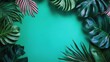 © D - Lush Green Tropical Leaves Framing a Vibrant Teal Background for Nature and Wellness Concepts