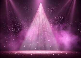 Wall Mural - intense magenta spotlight glow, foggy performance backdrop, falling glitter elements, powerful beam 