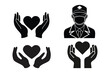 © Mainul - Doctors and nurses icons set with black silhouettes and white outlines on a white background, wearing medical masks and hats with a cross symbol.