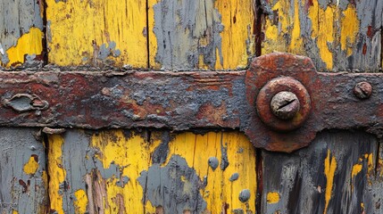 Aufkleber - Rusty hinge on weathered yellow painted wood door detail