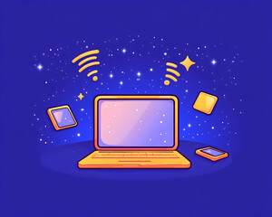 Wall Mural - laptop, phone, tablet & wireless signals