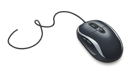 this isolated black computer mouse, a common input device for pcs, sits on a clean white background,