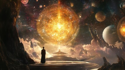 Wall Mural - A solitary figure contemplates the celestial sphere of cosmic wonder
