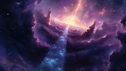 Wall Mural - A cosmic landscape with a luminous path through celestial clouds