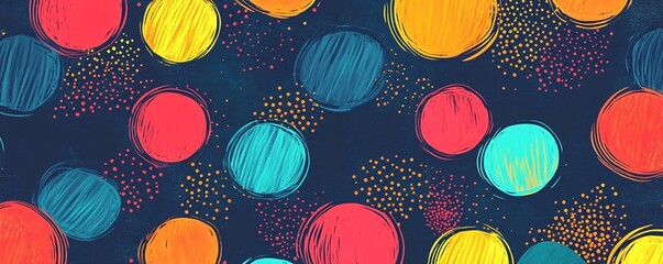 Poster - Colorful seamless pattern with hand-drawn circles and dots on dark background