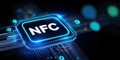 A glowing NFC symbol on a circuit board background, representing modern technology and wireless communication.