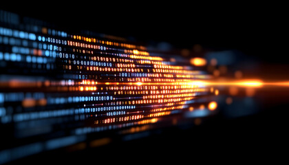 Abstract digital data stream, glowing binary code moving fast in dark space
