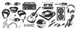 © Olgadesigner - Photocopy effect music elements set. Eyes, vinyl record, hands, mouth, cassette. Grunge punk dotted texture for collage design. Retro vector illustration.