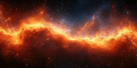 vibrant cosmic nebula with fiery orange and blue hues illuminating the night sky