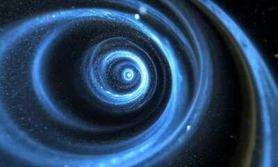 Wall Mural - Blue glowing particle spiral rotating continuously on a black background made with Generative AI technology