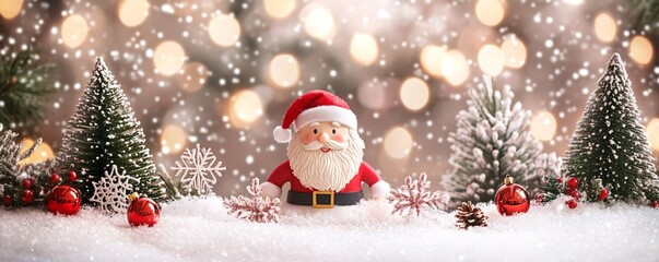 Aufkleber - Santa claus figurine standing in snow with christmas trees and falling snow