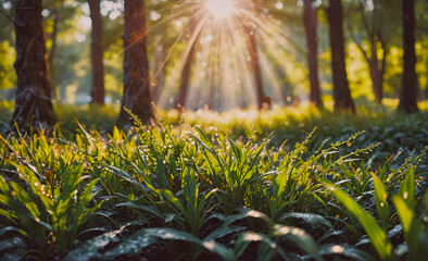 Poster - Forest with a bright sun shining through the trees. The sun is casting a warm glow on the grass and leaves. The scene is peaceful and serene, with the sunlight creating a beautiful contrast against