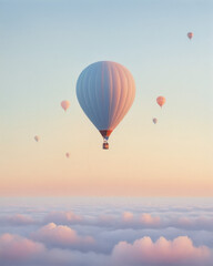  A serene sunrise sky featuring multiple hot air balloons floating gracefully above soft clouds.