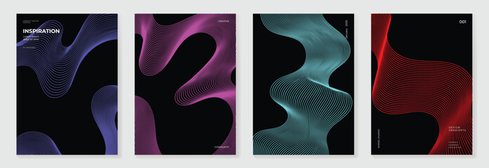 Aufkleber - Abstract line wave gradient poster background vector set. Cover template with vibrant perspective line wave in motion. Ideal design for social media, cover, banner, flyer, music, ads.
