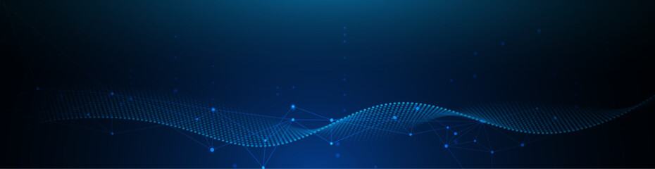 Leinwandbilder - Vector illustration abstract technology with molecule, Flowing dot particle wave flow line, wireframe and dot on blue background. Datum technology network, science, artificial intelligence concept