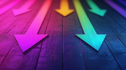 Wall Mural - colorful arrows pointing downward on a wooden surface with vibrant lighting effects