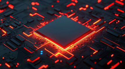 Wall Mural - dark background with bright red circuit board and central processing unit design concept