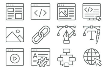 Wall Mural - vector line set icons representing various web design and development aspects including images, link