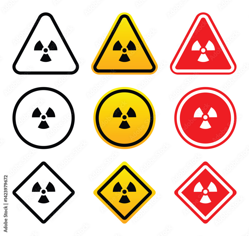 Radiation Sign Rota Radiation hazard warning signs in various shapes and colors. Stock ...