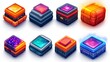© A4719 - Collection of eight isometric pixel art chests, each with unique color schemes and glowing gems or crystals.