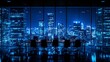 © A4719 - Night cityscape view from a modern office with empty chairs around a conference table.