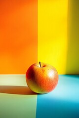 Poster - Red apple is casting a shadow on a colorful background with strong lights