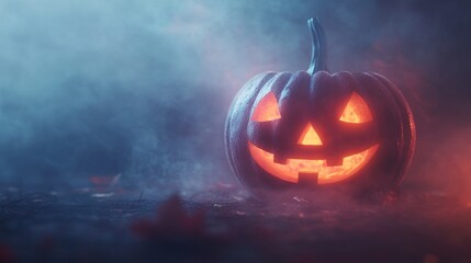 Aufkleber - Spooky halloween atmosphere created by a carved pumpkin glowing orange on a misty night
