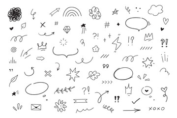 Poster - Hand drawn different line elements. Doodle sketch style arrows, scribbles, stars, speech bubbles and underlines. Vector grunge element set.