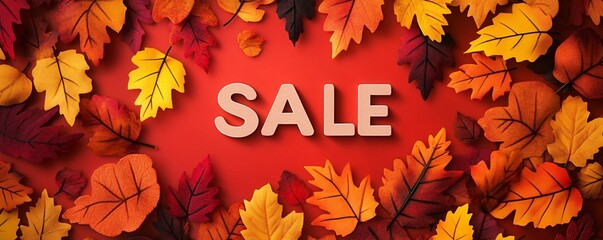 Wall Mural - Vibrant fall foliage framing the word sale in pink on a red backdrop, ideal for autumn marketing