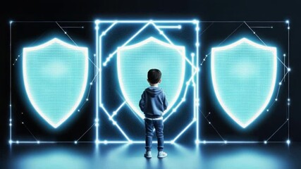 Wall Mural - young boy interacting with digital shield interface in a futuristic environment