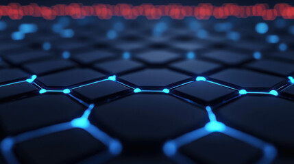 Wall Mural - hexagonal pattern with blue and red highlights on dark surface in abstract design