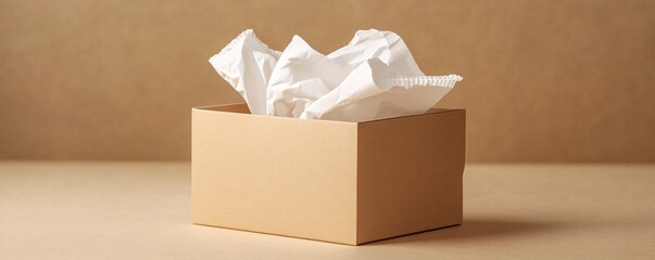 Poster - Overflowing crumpled white wrapping paper in cardboard box on beige background