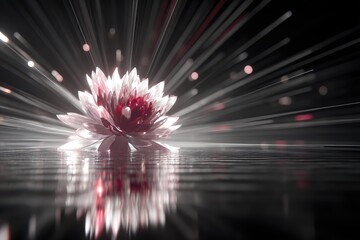 Wall Mural - Glowing lotus flower emerges from water radiating light and energy in a mystical display