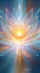 Wall Mural - Glowing lotus flower symbolizes the soul emerging from water with radiant light expanding outward