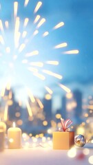 Poster - Vertical video background with glowing fireworks, candles, and gift box creates festive joyful atmosphere and dreamy cityscape