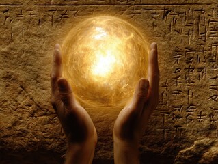 Wall Mural - Two open hands embracing a glowing orb of energy above engraved stone surface with symbols