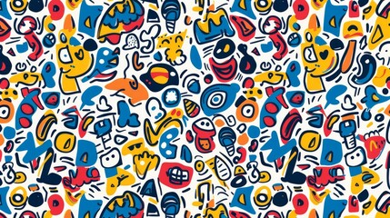 Fun colorful line doodle seamless pattern. Creative abstract style art symbol background for children or celebration design with basic shapes. Simple childish scribble wallpaper print.