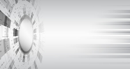 Poster - Abstract grey high-tech background consisting of circles and other technological elements. Digital communication, data protection, futuristic presentation, scientific cover.